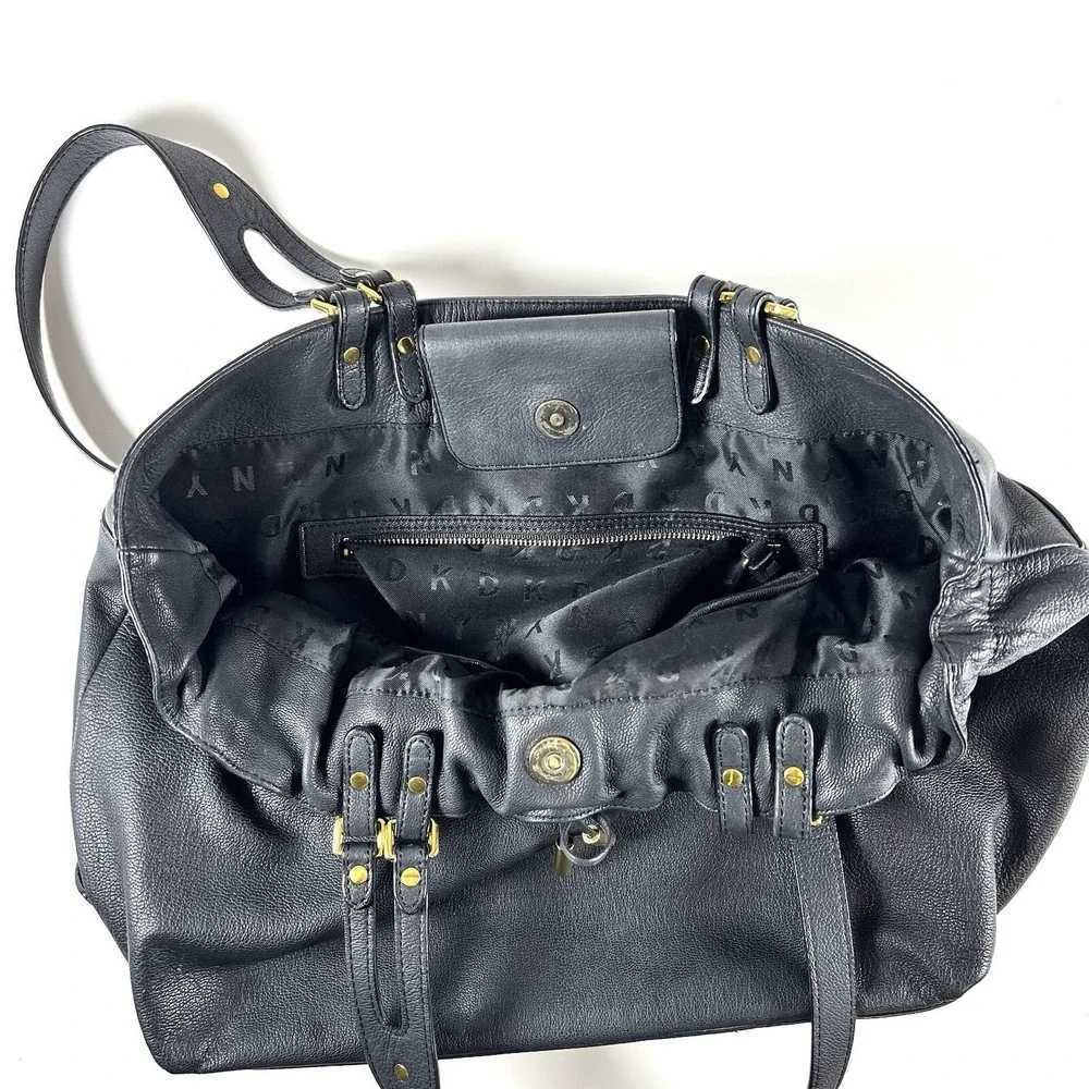 DKNY Karen Large Black‎ Leather Drawstring Shoulder Tote Bag Gold Hardware